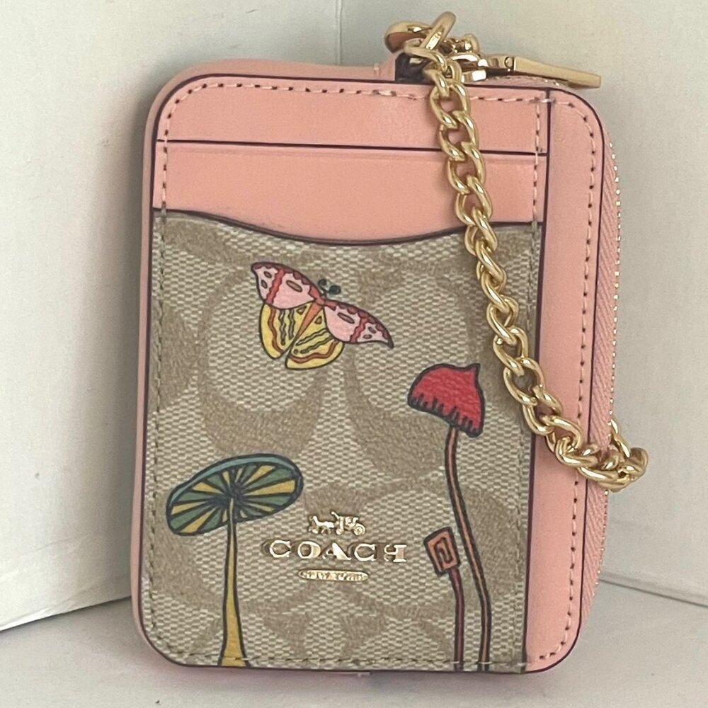 Coach Observed By Us Zip Card Case Khaki Signature Canvas Pink - Picture 2 of 8